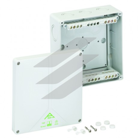 Розподільча коробка Aboх-i 160-16² (180х180х91мм), клема 5х16мм² (4х6-16² на кожний полюс), полікарбонат, 12 вводів (2-М20, 3-М25-М32.5-М32/М40, 2-М25-М32 на днищі), IP65, Spelsberg